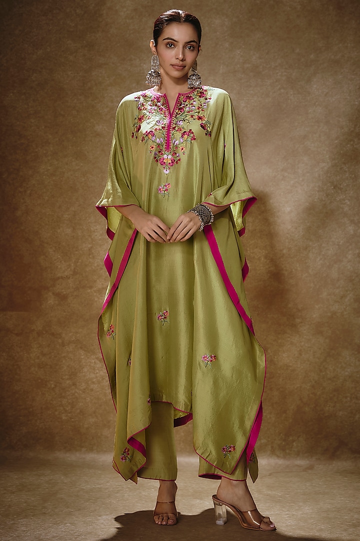 Green Dupion Silk Thread Embroidered Kaftan Set by Anushree Reddy at Pernia's Pop Up Shop