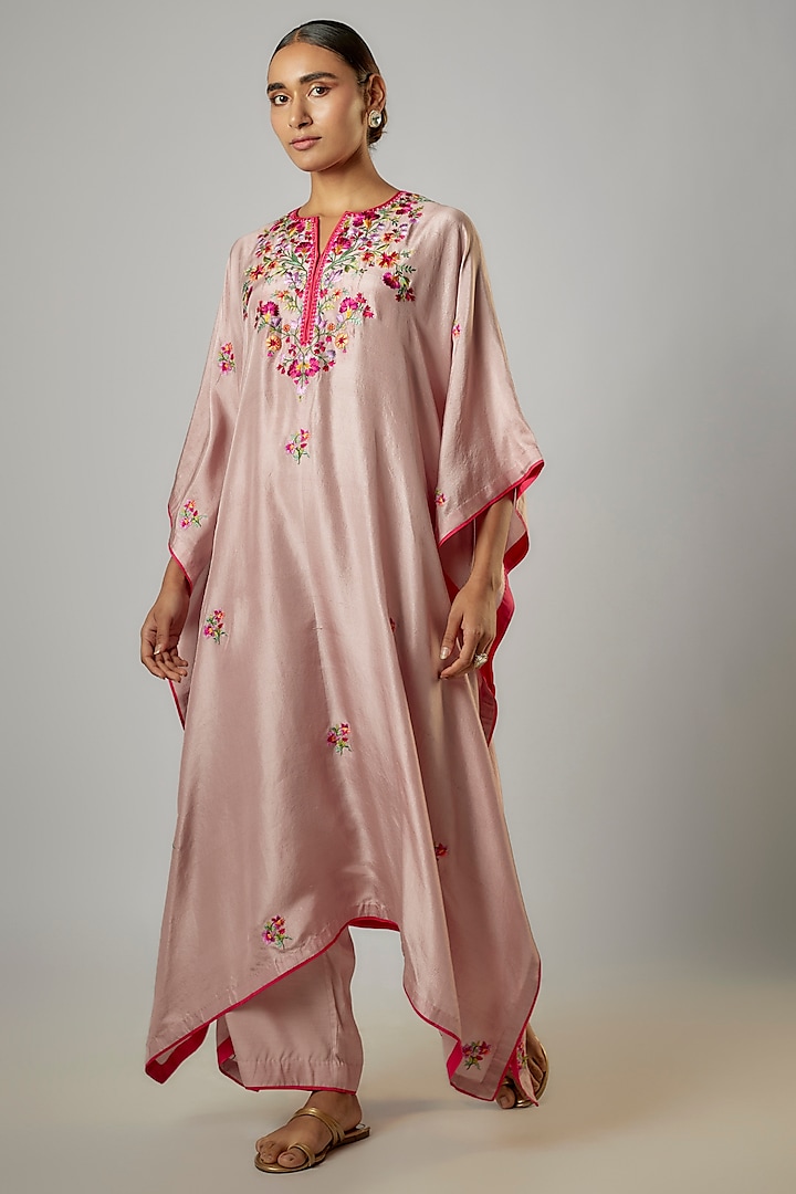 Champagne Dupion Silk Thread Embroidered Kaftan Set by Anushree Reddy at Pernia's Pop Up Shop