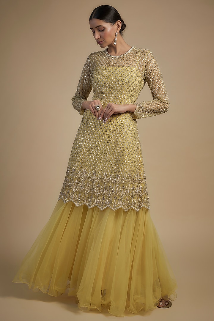 Yellow Net Pearl & Cutdana Embroidered Kurta With Dress by Anushree Reddy at Pernia's Pop Up Shop