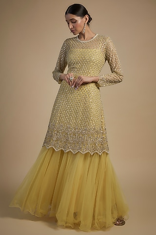 Yellow Net Pearl & Cutdana Embroidered Kurta With Dress by Anushree Reddy