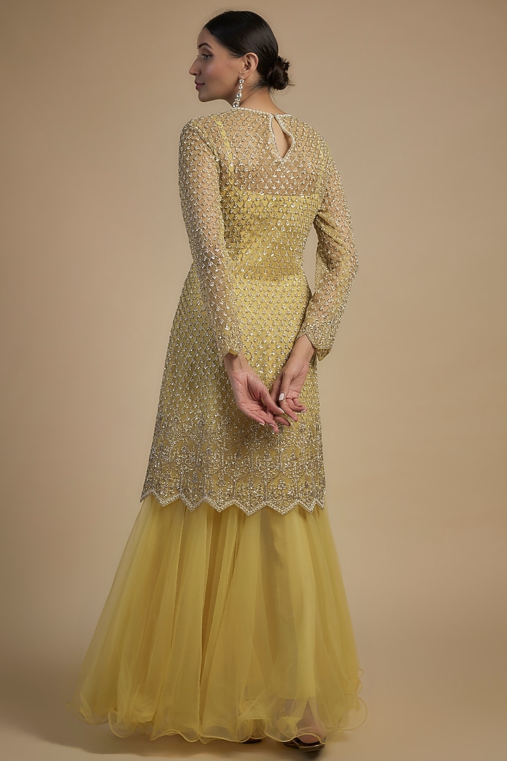 Yellow Net Pearl & Cutdana Embroidered Kurta With Dress by Anushree Reddy at Pernia's Pop Up Shop