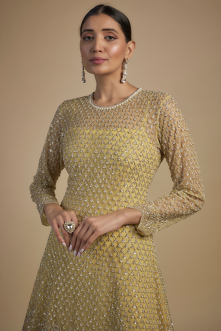 Yellow Net Pearl & Cutdana Embroidered Kurta With Dress by Anushree Reddy at Pernia's Pop Up Shop