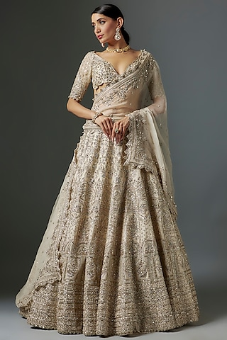 Ivory Organza Zardosi Hand Embroidered Lehenga Set by Anushree Reddy