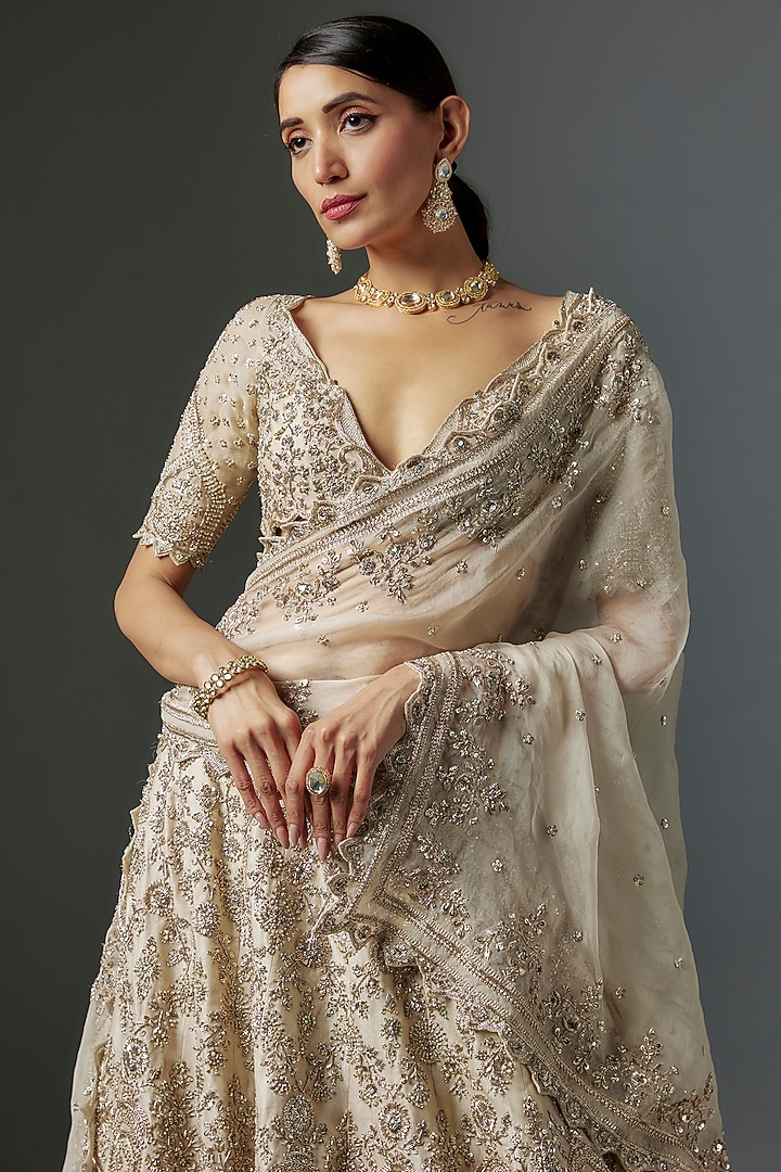 Ivory Organza Zardosi Hand Embroidered Bridal Lehenga Set by Anushree Reddy at Pernia's Pop Up Shop
