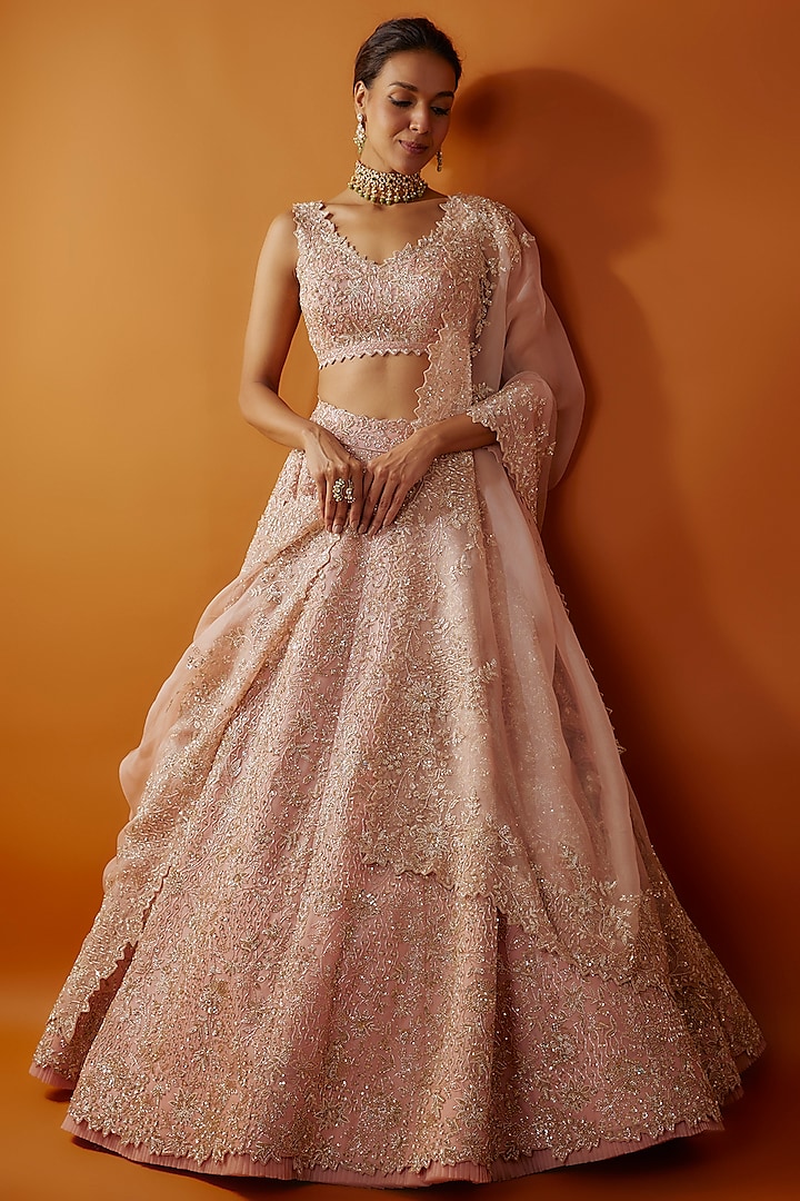 Pale Pink Organza Cutdana Embroidered Bridal Lehenga Set by Anushree Reddy at Pernia's Pop Up Shop