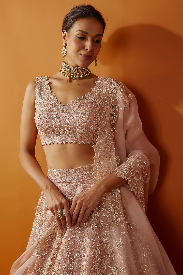 Pale Pink Organza Cutdana Embroidered Bridal Lehenga Set by Anushree Reddy at Pernia's Pop Up Shop