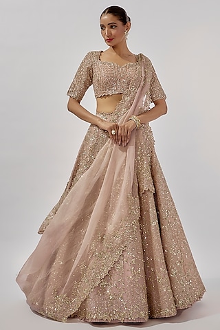 Blush Pink Organza Sequins Hand Embroidered Lehenga Set by Anushree Reddy