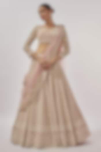 Pink Organza Pearl & Cutwork Hand Embroidered Bridal Lehenga Set by Anushree Reddy at Pernia's Pop Up Shop
