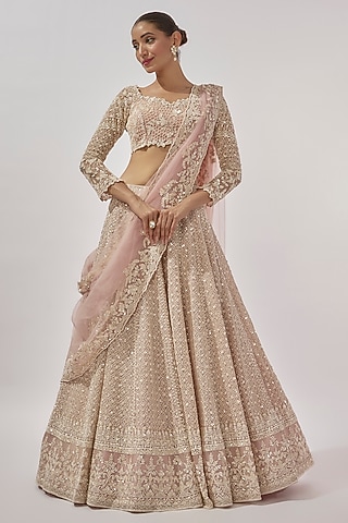 Pink Organza Pearl & Cutwork Hand Embroidered Lehenga Set by Anushree Reddy