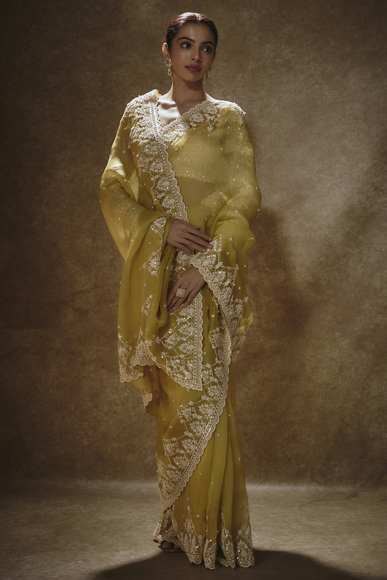 Yellow Organza Reception Saree Set by Anushree Reddy at Pernia's Pop Up Shop