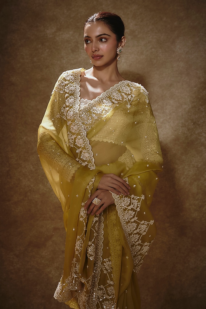 Yellow Organza Reception Saree Set by Anushree Reddy at Pernia's Pop Up Shop