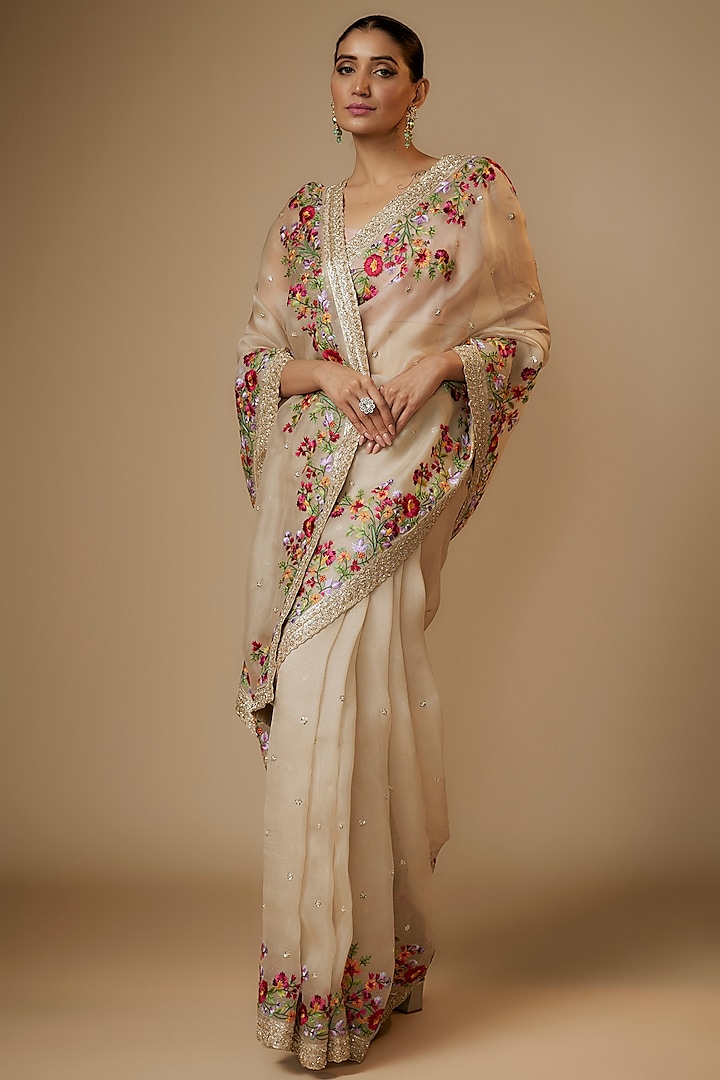 Ivory Organza Thread & Zardosi Embroidered Saree Set by Anushree Reddy