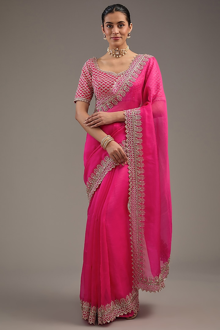 Rani Pink Organza Zardosi Embroidered Saree Set by Anushree Reddy