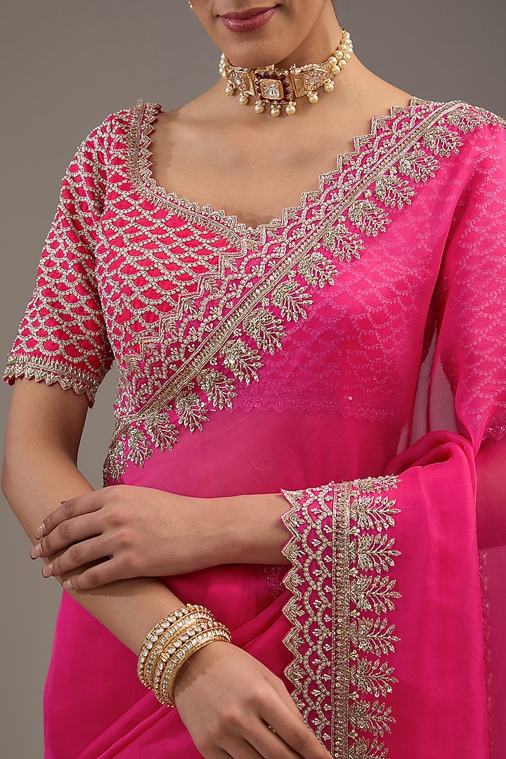 Rani Pink Organza Zardosi Embroidered Bridal Saree Set by Anushree Reddy at Pernia's Pop Up Shop
