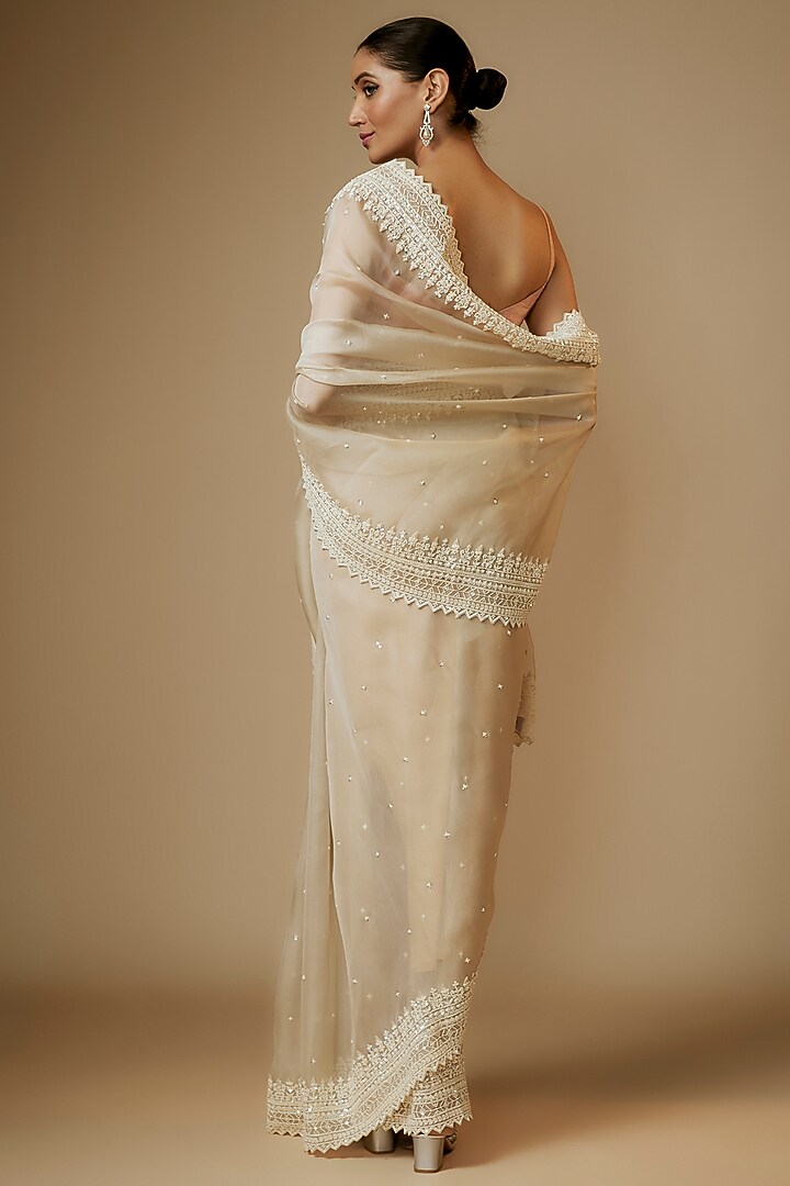 Ivory Organza Pearl Embroidered Reception Saree Set by Anushree Reddy at Pernia's Pop Up Shop