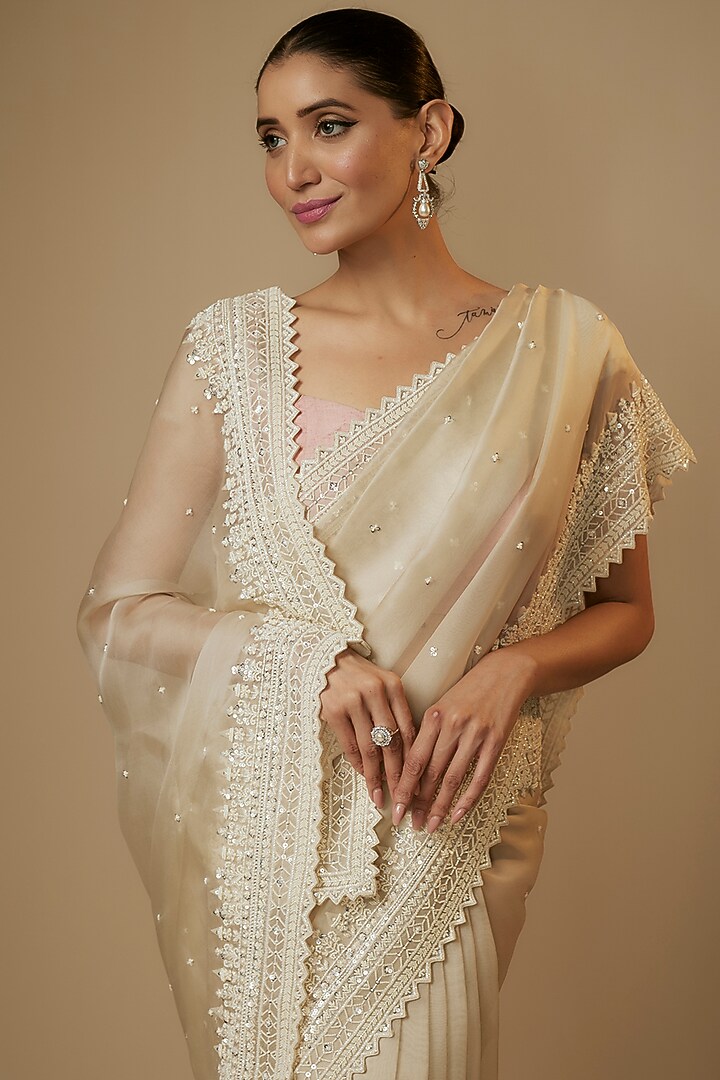 Ivory Organza Pearl Embroidered Reception Saree Set by Anushree Reddy at Pernia's Pop Up Shop