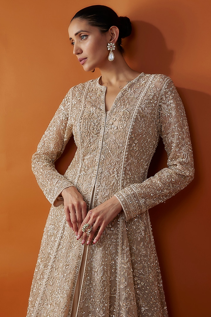Champagne Organza Embroidered Jacket Set by Anushree Reddy at Pernia's Pop Up Shop