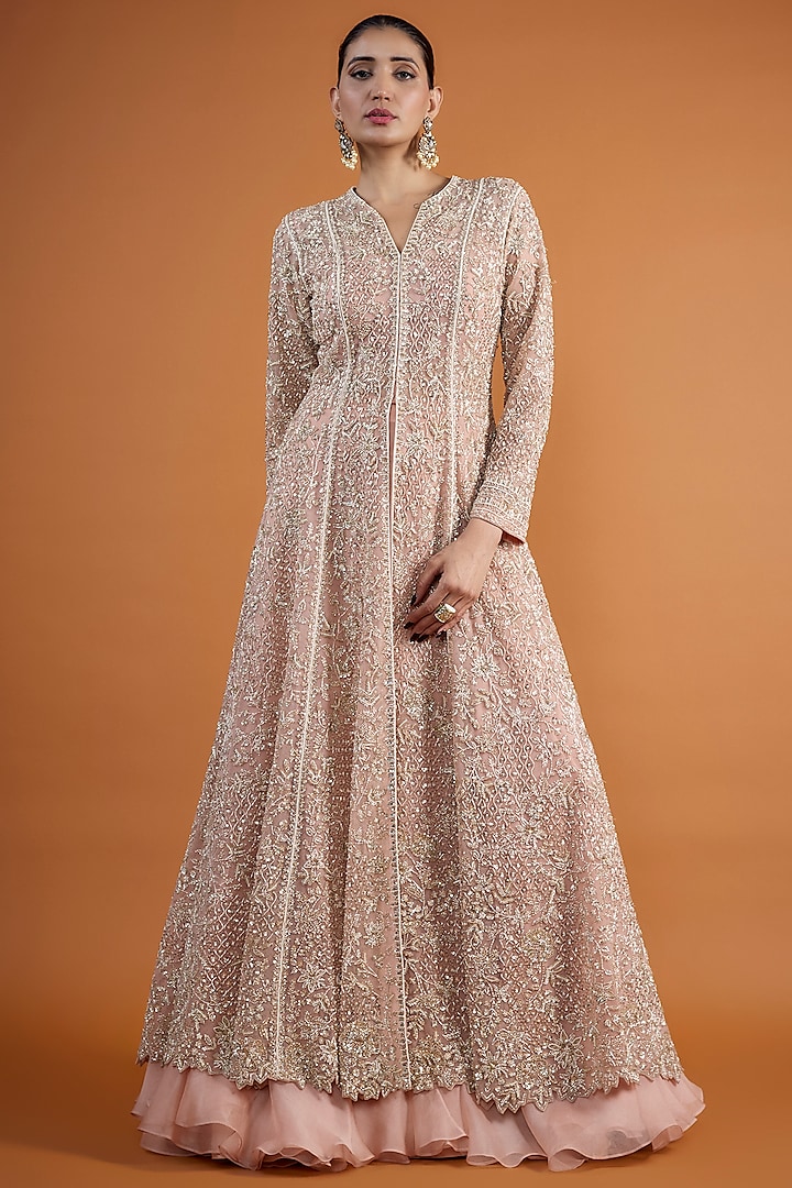 Blush Pink Net Hand Embroidered Jacket Set by Anushree Reddy at Pernia's Pop Up Shop