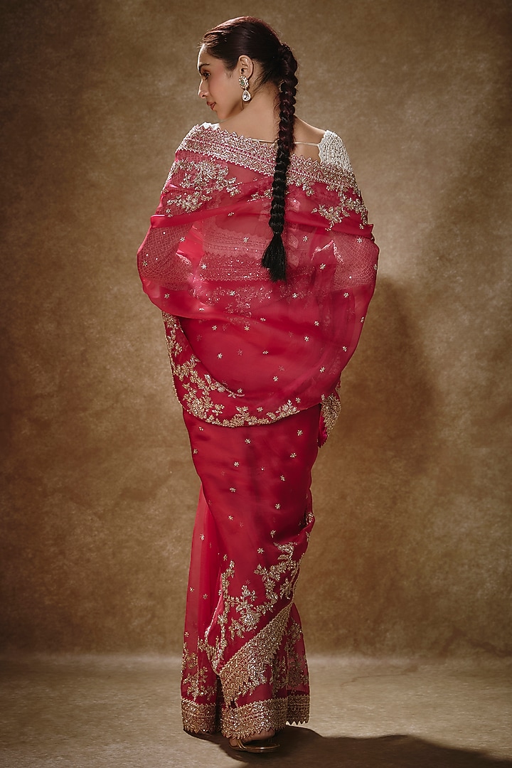 Red Organza Zardosi Bridal Saree Set by Anushree Reddy at Pernia's Pop Up Shop