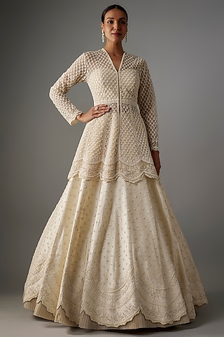 Ivory Raw Silk Pearl Hand Embroidered Lehenga Set by Anushree Reddy