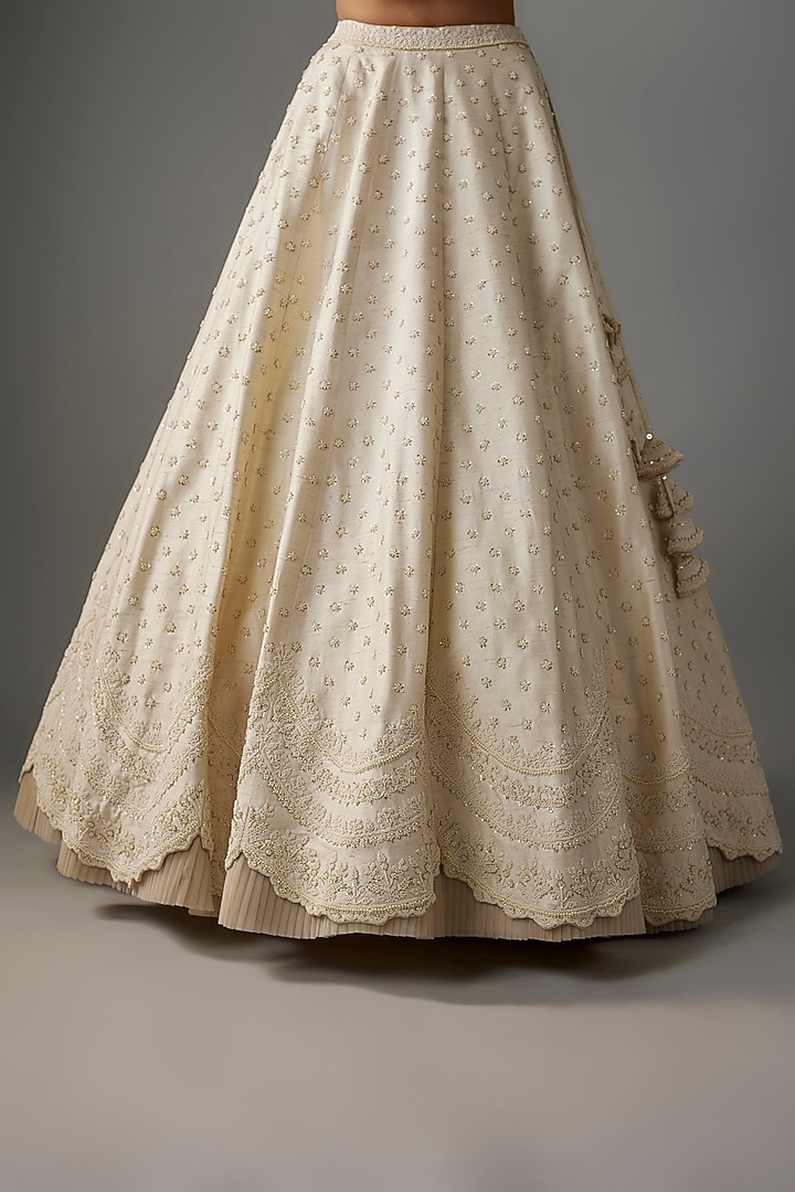 Ivory Raw Silk Pearl Hand Embroidered Bridal Lehenga Set by Anushree Reddy at Pernia's Pop Up Shop