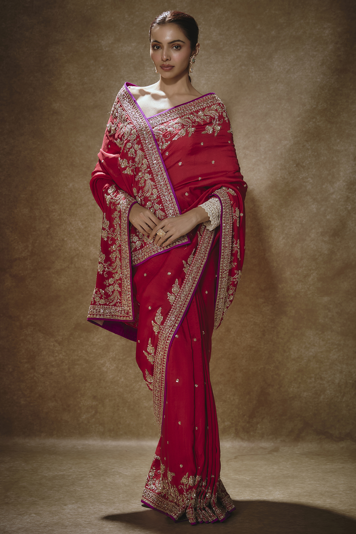 Red Dupion Silk Saree Set by Anushree Reddy at Pernia's Pop Up Shop