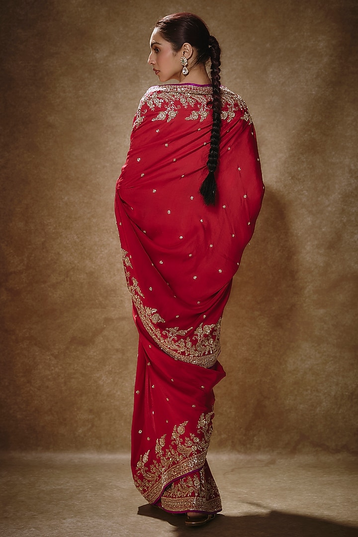 Red Dupion Silk Bridal Saree Set by Anushree Reddy at Pernia's Pop Up Shop