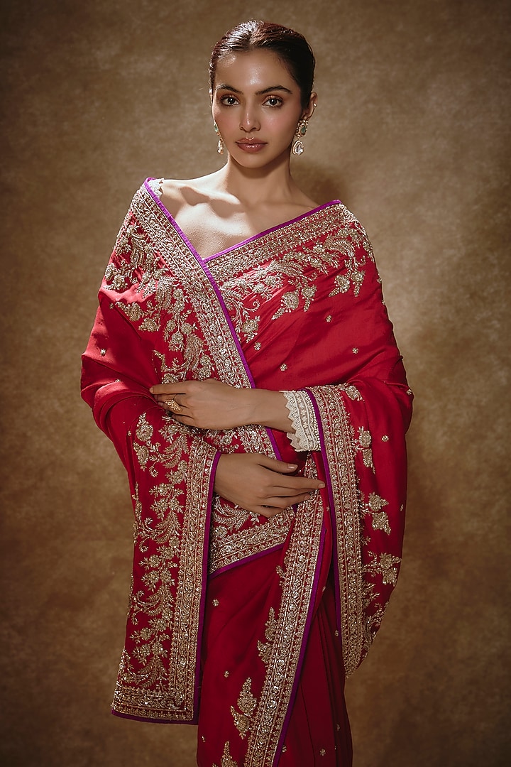 Red Dupion Silk Bridal Saree Set by Anushree Reddy at Pernia's Pop Up Shop