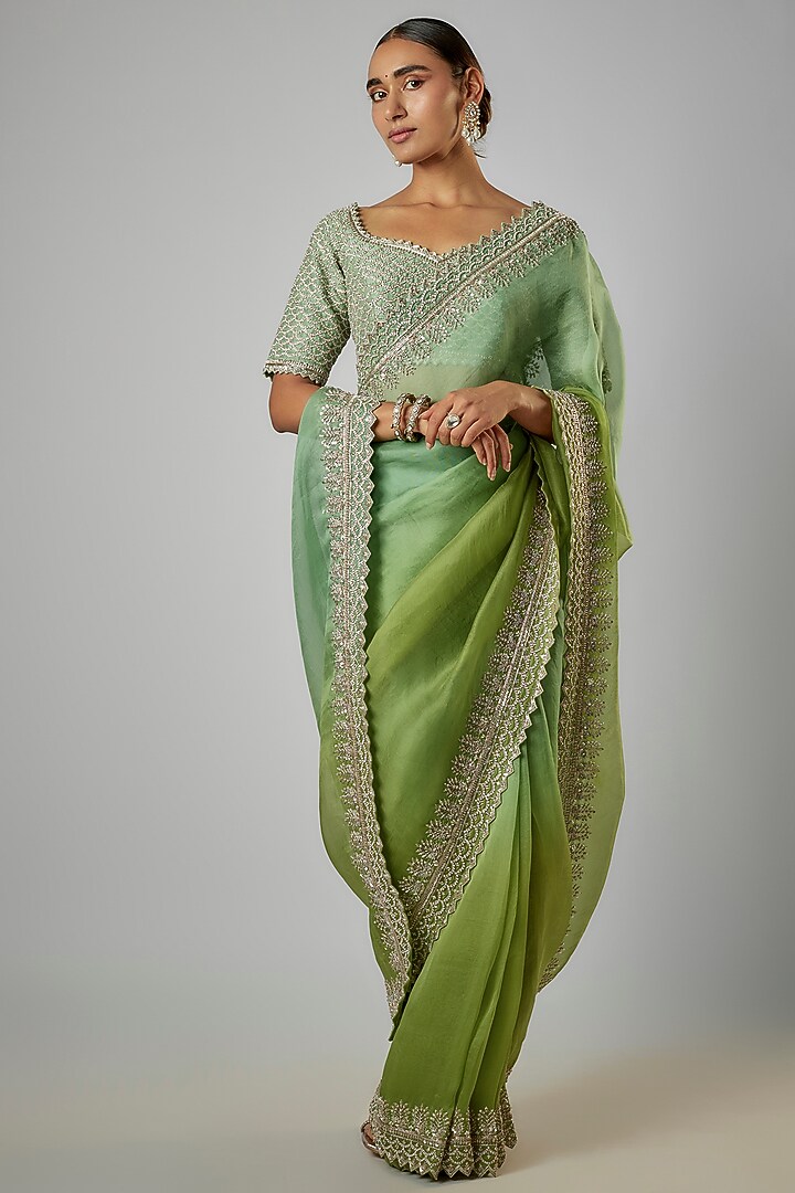 Green Ombre Organza Hand Embroidered Bridal Saree Set by Anushree Reddy at Pernia's Pop Up Shop