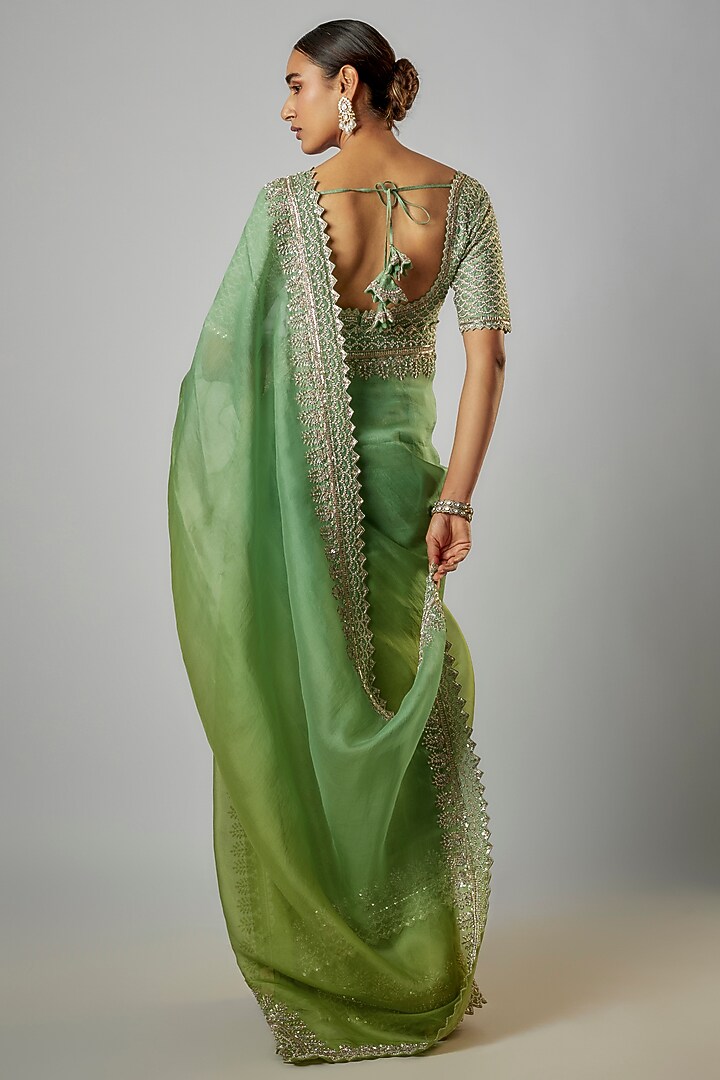 Green Ombre Organza Hand Embroidered Bridal Saree Set by Anushree Reddy at Pernia's Pop Up Shop