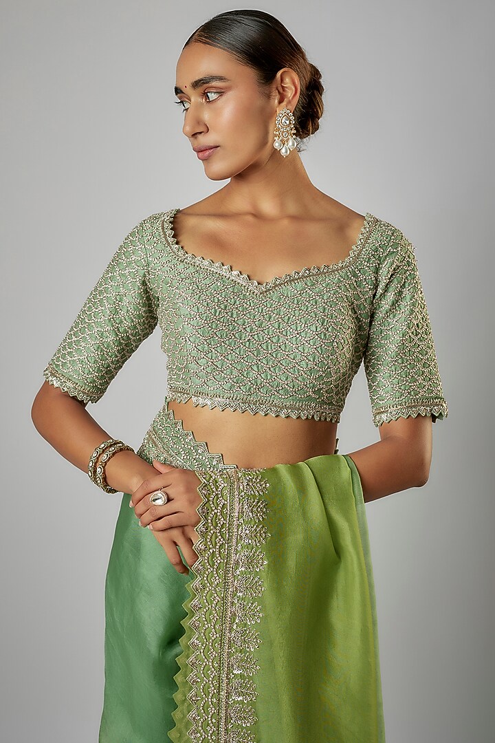 Green Ombre Organza Hand Embroidered Bridal Saree Set by Anushree Reddy at Pernia's Pop Up Shop