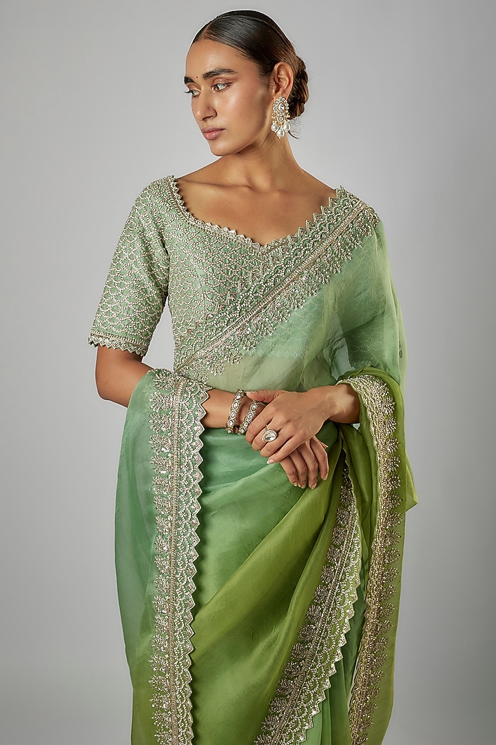 Green Ombre Organza Hand Embroidered Bridal Saree Set by Anushree Reddy at Pernia's Pop Up Shop
