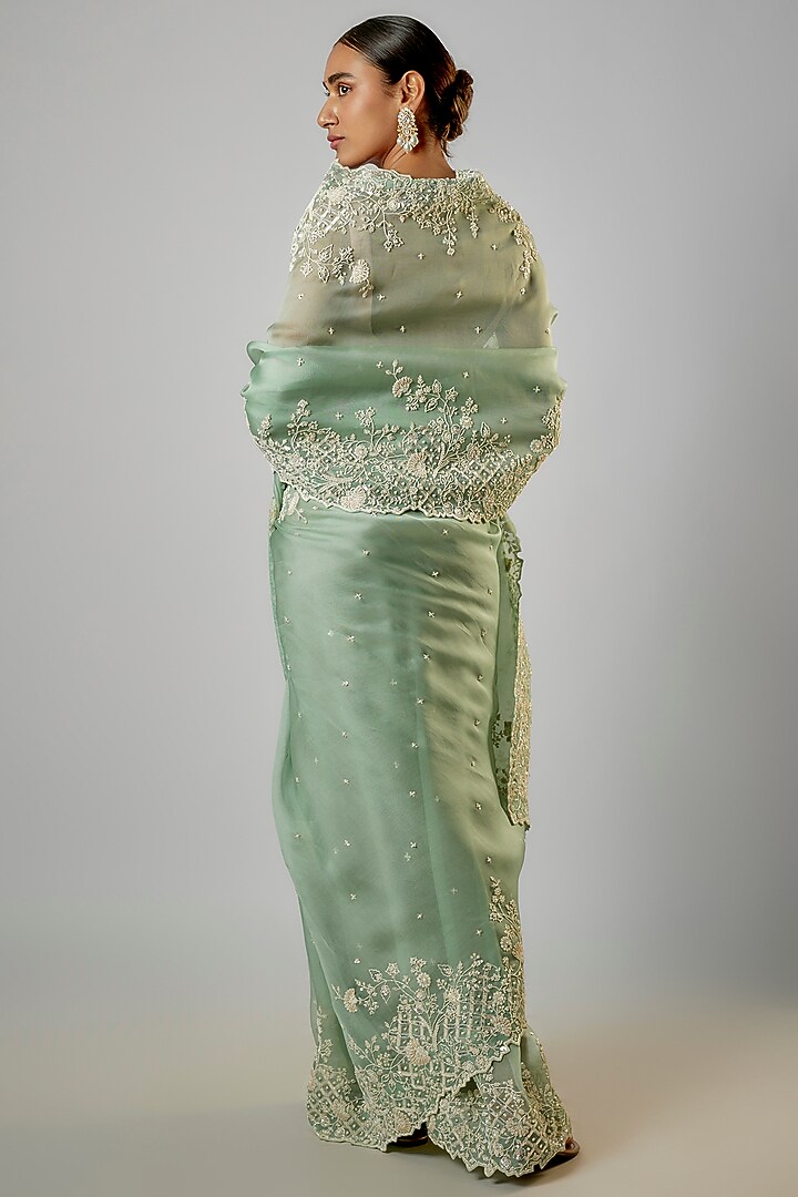 Sea Green Organza Sequins Jaal Work Reception Saree Set by Anushree Reddy at Pernia's Pop Up Shop