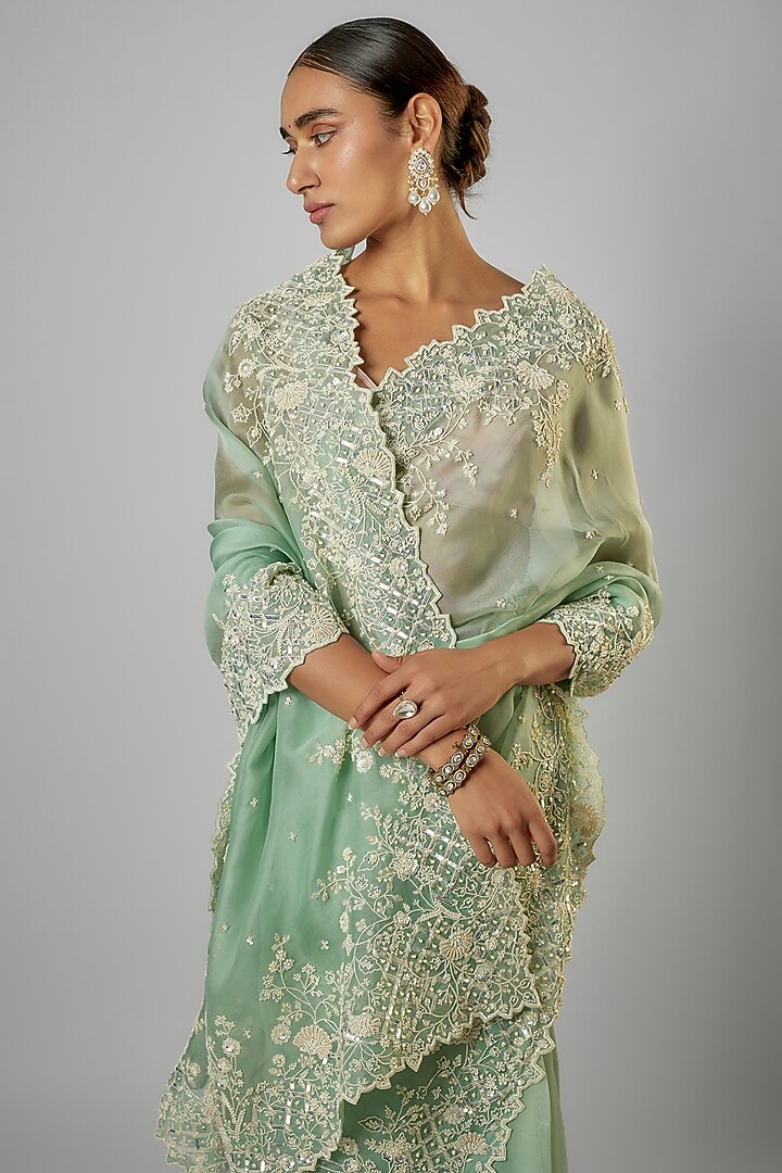 Sea Green Organza Sequins Jaal Work Reception Saree Set by Anushree Reddy at Pernia's Pop Up Shop