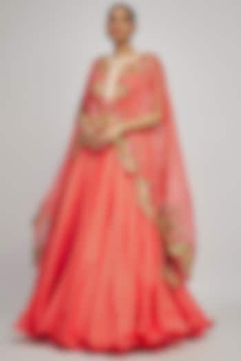 Coral Organza Thread Embroidered Cape Set by Anushree Reddy