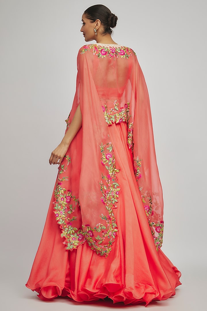 Coral Organza Thread Embroidered Cape Set by Anushree Reddy at Pernia's Pop Up Shop