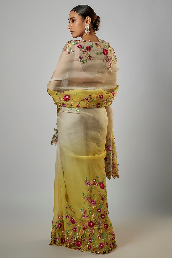 Ivory & Yellow Organza Thread Embroidered Wedding Saree Set by Anushree Reddy at Pernia's Pop Up Shop