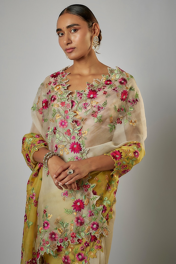 Ivory & Yellow Organza Thread Embroidered Wedding Saree Set by Anushree Reddy at Pernia's Pop Up Shop