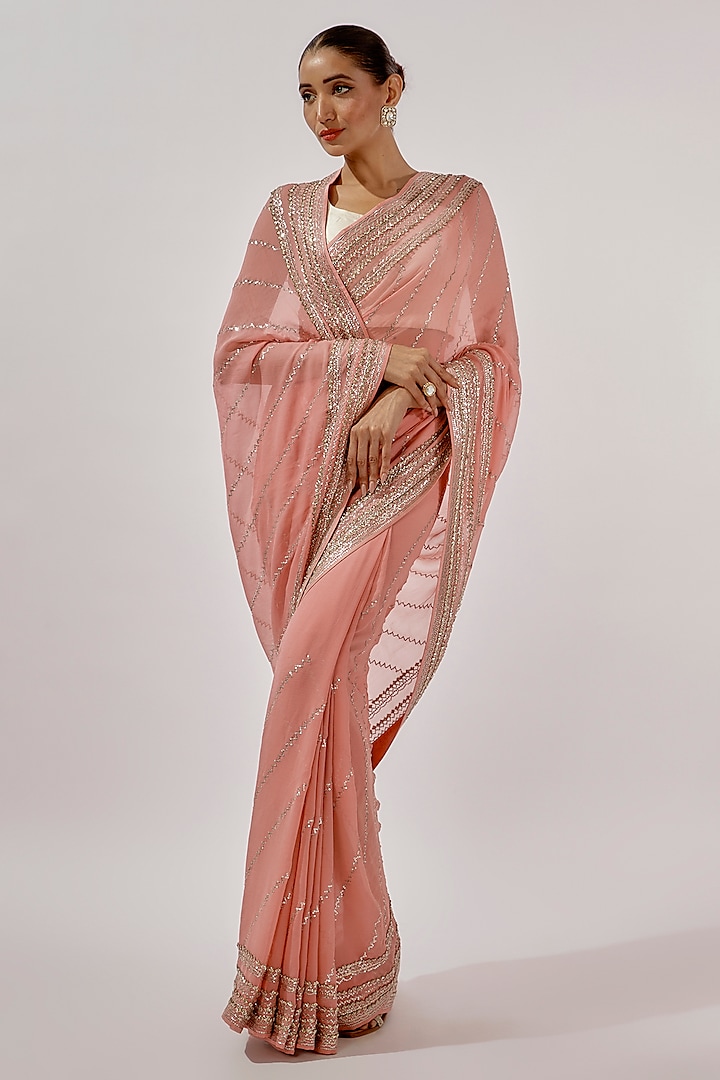 Pink Chiffon Sequins Hand Embroidered Saree Set by Anushree Reddy