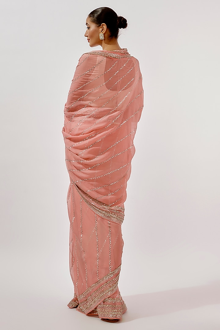 Pink Chiffon Sequins Hand Embroidered Reception Saree Set by Anushree Reddy at Pernia's Pop Up Shop