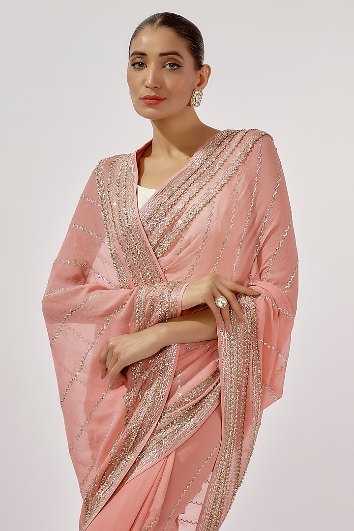 Pink Chiffon Sequins Hand Embroidered Reception Saree Set by Anushree Reddy at Pernia's Pop Up Shop