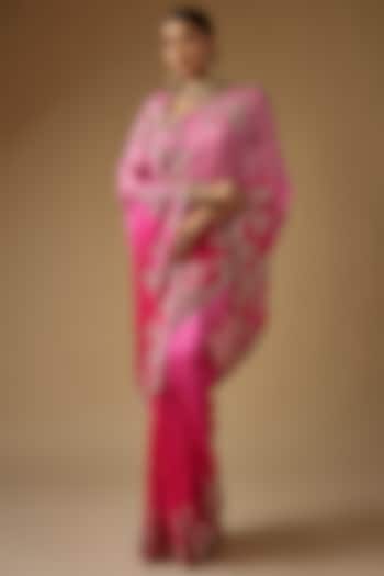 Pink Organza Zardosi Embroidered Ombre Bridal Saree Set by Anushree Reddy at Pernia's Pop Up Shop