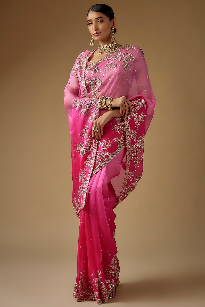 Pink Organza Zardosi Embroidered Ombre Bridal Saree Set by Anushree Reddy at Pernia's Pop Up Shop
