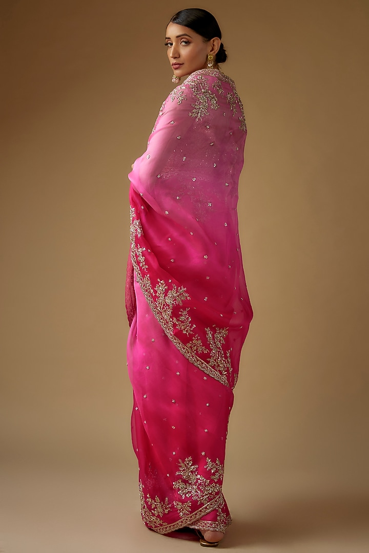 Pink Organza Zardosi Embroidered Ombre Bridal Saree Set by Anushree Reddy at Pernia's Pop Up Shop