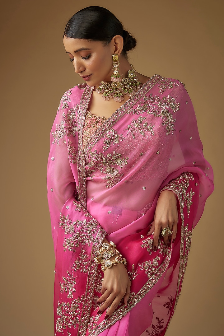 Pink Organza Zardosi Embroidered Ombre Bridal Saree Set by Anushree Reddy at Pernia's Pop Up Shop