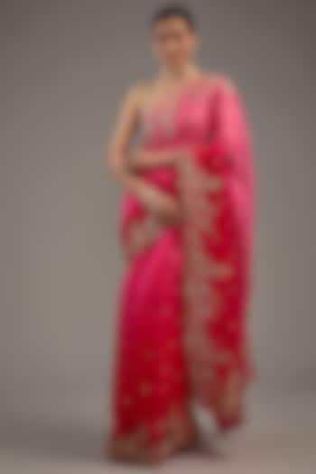 Rose Pink Organza Sequins Embroidered Saree Set by Anushree Reddy