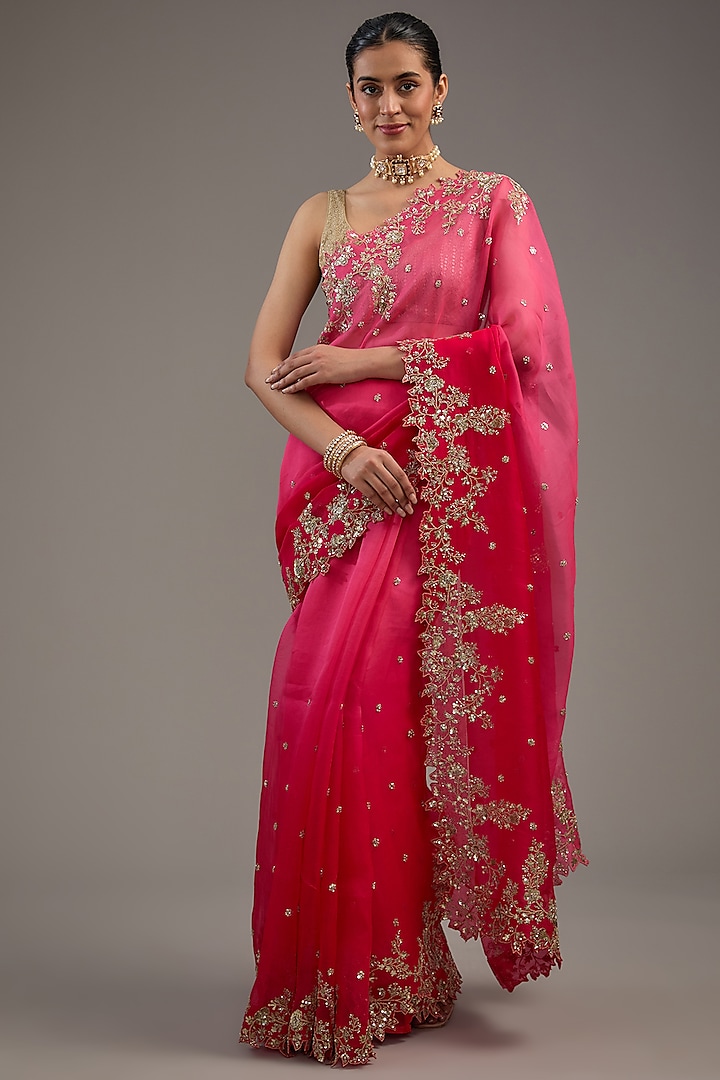 Rose Pink Organza Sequins Embroidered Saree Set by Anushree Reddy