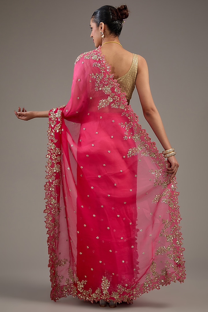 Rose Pink Organza Sequins Embroidered Reception Saree Set by Anushree Reddy at Pernia's Pop Up Shop