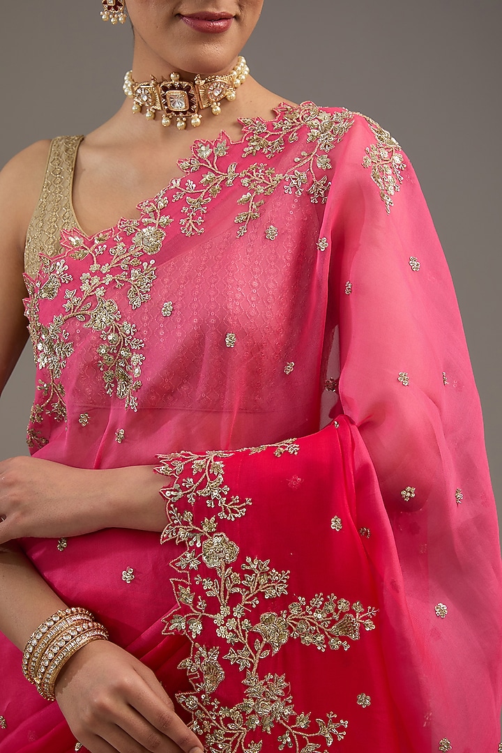 Rose Pink Organza Sequins Embroidered Reception Saree Set by Anushree Reddy at Pernia's Pop Up Shop