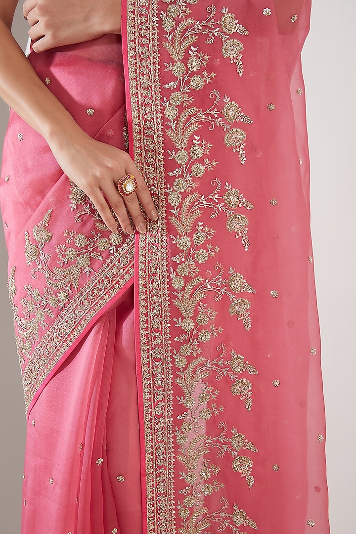 Pink Organza Zardosi Embroidered Bridal Saree Set by Anushree Reddy at Pernia's Pop Up Shop